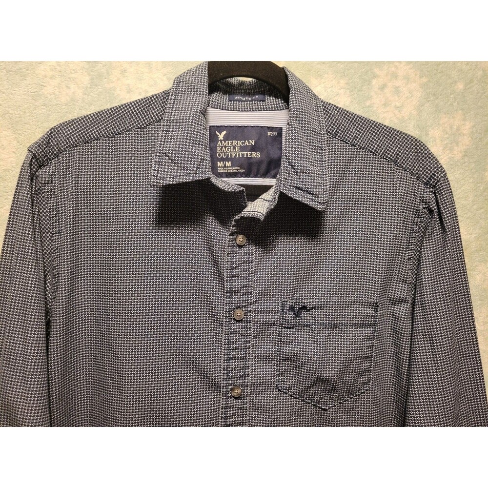 American Eagle Outfitters Med Blue White Shirt Men Athletic Fit Houndstooth Top